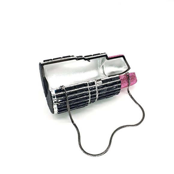 Lipstick Shaped Crystal Clutch Evening Bag Purse SILVER/RED NWT - Picture 8 of 10